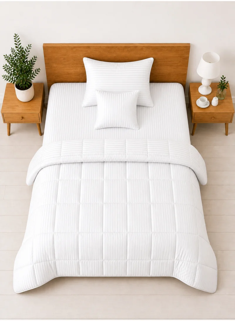 Hotel Linen Klub Hotel Linen Klub Single Comforter Set - 4 Pieces, Luxurious 100% Cotton with 250 Thread Count Sateen, Stylish Classic Stripe Pattern - Soft Microfiber Filling, Size: 160 x 240 cm, White