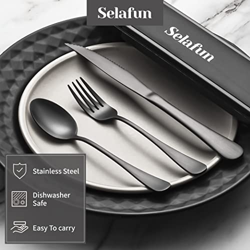 Selafun 4-pieces Travel Set with Case Portable Silverware Utensils Set for work, Stainless Steel Reusable Flatware Set Cutlery Set for Camping Picnic Hiking Office (6.7inch, Matte Black) - Image 4