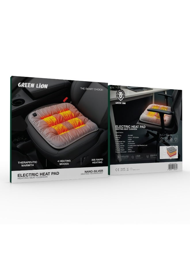 GREEN LION Electric Heat Pad Heated Seat Cushion with Breathable Fabric & Portable & Lightweight / Even Heat Distribution / Heating Temp: 35-58°C / Heating Modes: 4 Levels For 30 Sec - Grey - Image 4