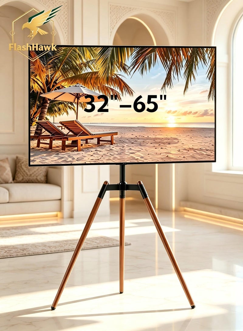 فلاشهوك حامل تلفزيون ثلاثي القوائم (Tripod) من Brandtech للشاشات بمقاس 32-65 بوصة، تصميم عصري على طراز الحامل الفني (Easel)، قابل لتعديل الارتفاع والدوران، مناسب لشاشات LED وLCD، يدعم معيار VESA بحد أقصى 600×400 مم، يتحمل وزناً يصل إلى 99 رطلاً (45 كجم تقريباً)، (يتضمن دليل التركيب). - Image 1