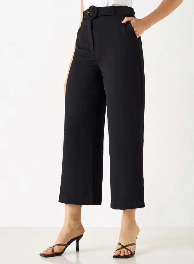 Iconic Iconic Solid Belted Wide Leg Pants with Pockets