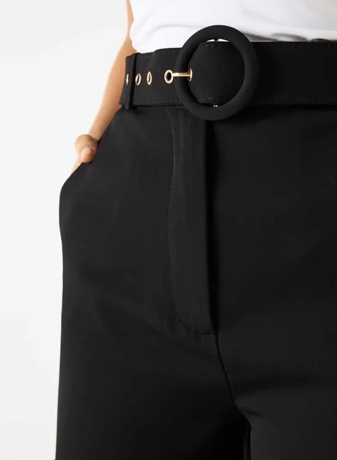 Iconic Iconic Solid Belted Wide Leg Pants with Pockets