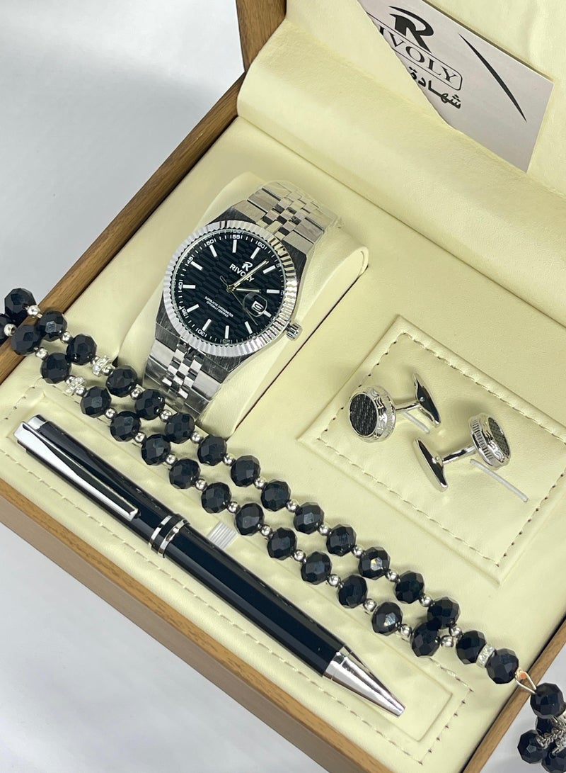 RR Men's stainless steel set consisting of a watch, a rosary, a pen and cufflinks
