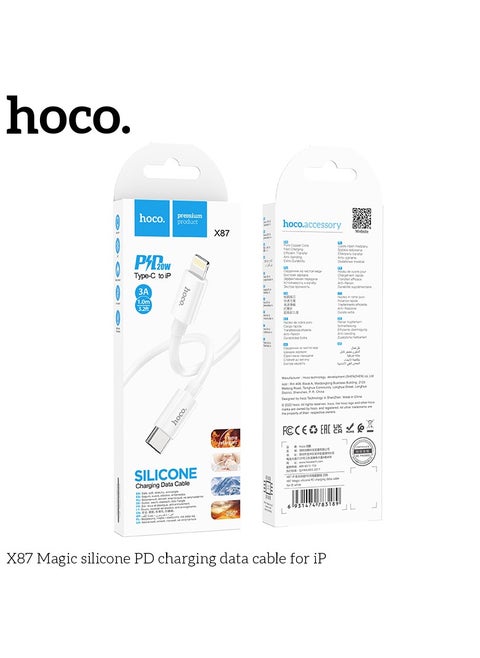 X87 Magic Silicone PD Charging Data Cable Durable, Fast Charging & Data Sync for iPhone and iOS Devices - White