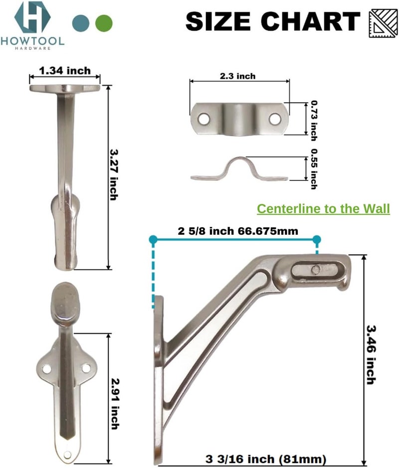 HOWTOOL Commercial Grade Handrail Bracket Wall Mounted Satin Nickel, 3 Pack | - Image 4