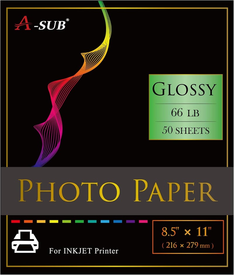 A-SUB Premium Photo Paper High Glossy 8.5x11 Inch 66lb for Inkjet Printers 50 Sheets,Single Sided - Image 1