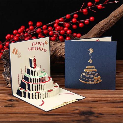 Jubobu 3D PopUp Birthday Cards, Candle Cake Happy Birthday Card Postcards Greeting Cards Birthday Gifts Decorations for Women, Man, Mom, Wife, Husband, Boy, Girl (blue) - Image 1