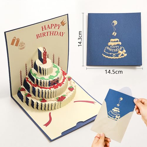 Jubobu 3D PopUp Birthday Cards, Candle Cake Happy Birthday Card Postcards Greeting Cards Birthday Gifts Decorations for Women, Man, Mom, Wife, Husband, Boy, Girl (blue) - Image 2