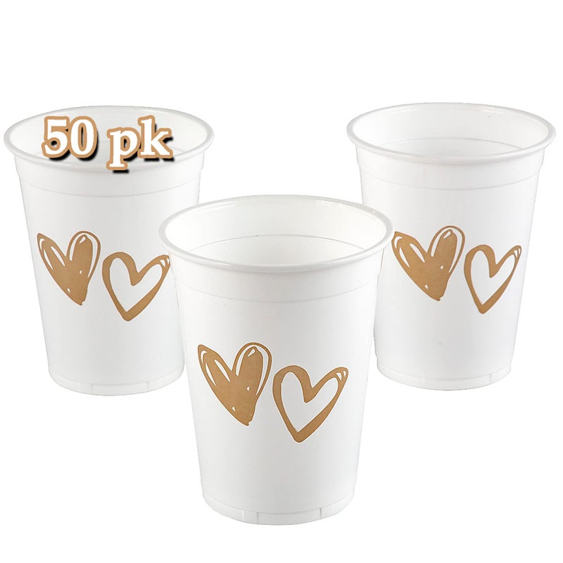 Disposable Wedding Cups Bulk 50 Pk TWO HEARTS Cups 16 oz Fancy Plastic Cups for Wedding Reception Bridal Shower Engagement Party Bachelorette Party Love Cups Drinking Party Cups Couple Friends Party
