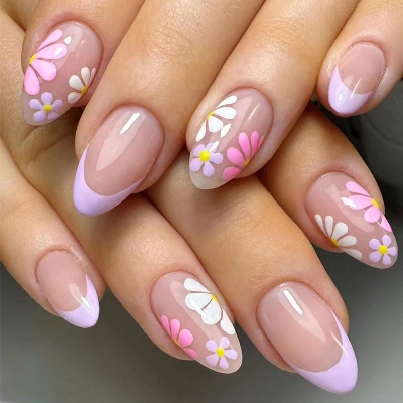CTTHNBD 6 Packs (144 Pcs) Almond, Flower & Leaf Press on Nails - Short, Medium Sizes - 6 Styles - Fake Nails Kit for Women - Image 3