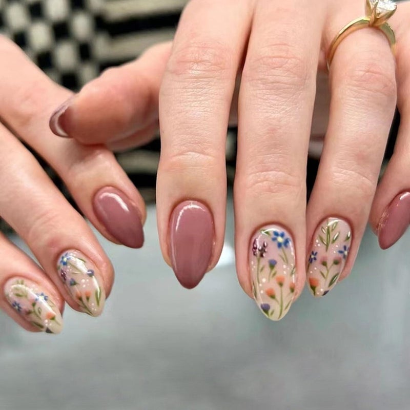 CTTHNBD 6 Packs (144 Pcs) Almond, Flower & Leaf Press on Nails - Short, Medium Sizes - 6 Styles - Fake Nails Kit for Women - Image 2