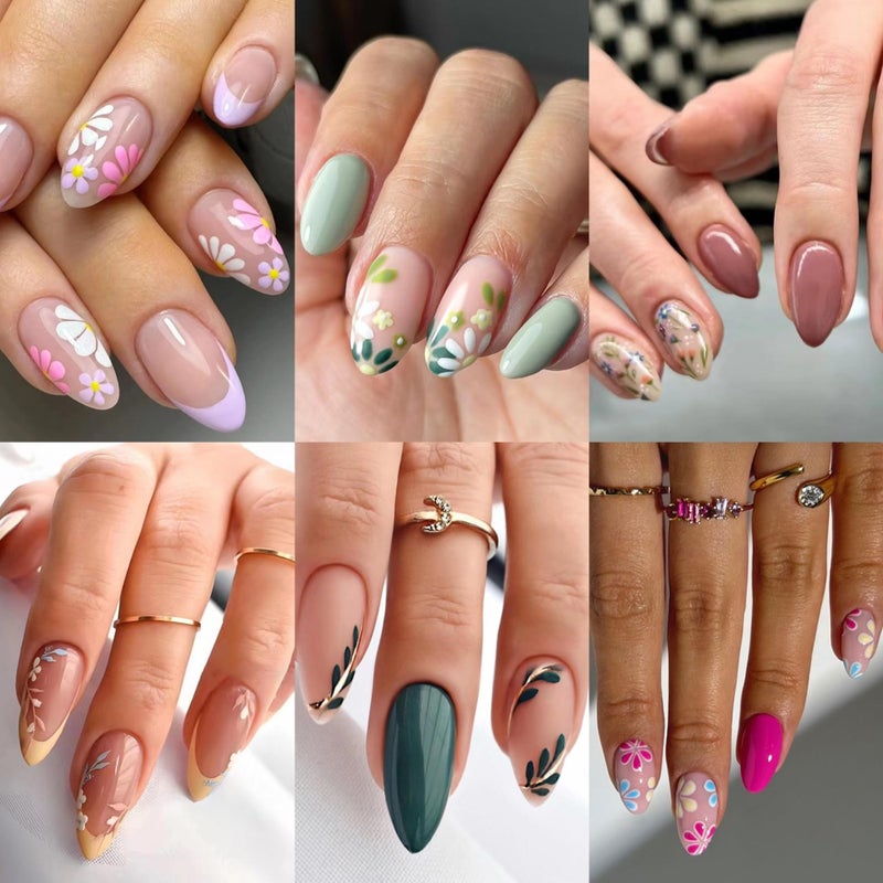 CTTHNBD 6 Packs (144 Pcs) Almond, Flower & Leaf Press on Nails - Short, Medium Sizes - 6 Styles - Fake Nails Kit for Women - Image 1