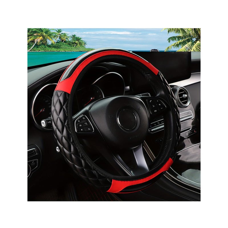 Couslcd Car Steering Wheel Cover, 14.5-15inch Leather Anti-Slip Car Wheel Cover Protector, Safety Comfortable Desgin, Universal Auto Steering Wheels Accessories for Cars Truck SUV (Red) - Image 1