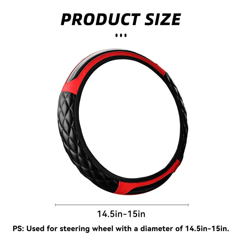 Couslcd Car Steering Wheel Cover, 14.5-15inch Leather Anti-Slip Car Wheel Cover Protector, Safety Comfortable Desgin, Universal Auto Steering Wheels Accessories for Cars Truck SUV (Red) - Image 2
