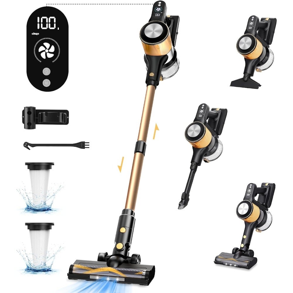 SINCHER 6 in 1 Cordless Vacuum Cleaner, 3 Power Modes and LED Display, 45Mins Runtime Detachable Battery, Powerful Suction Stick Vacuum, Ideal for Home, Car, Hard Floor, Carpet, Pet Hair, Gold