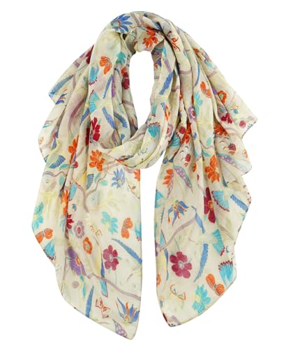 GERINLY Long Cream Scarfs for Women Lightweight Floral Birds Print Scarves Ladies Fashion Wrap Accessories (Cream) - Image 1