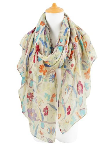 GERINLY Long Cream Scarfs for Women Lightweight Floral Birds Print Scarves Ladies Fashion Wrap Accessories (Cream) - Image 2