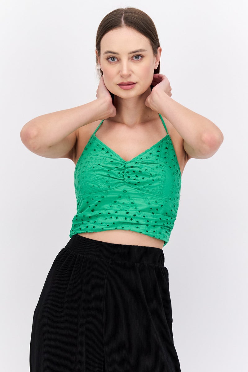 Reserved Women Halter Neck Sleeveless Eyelet Top, Green - Image 1
