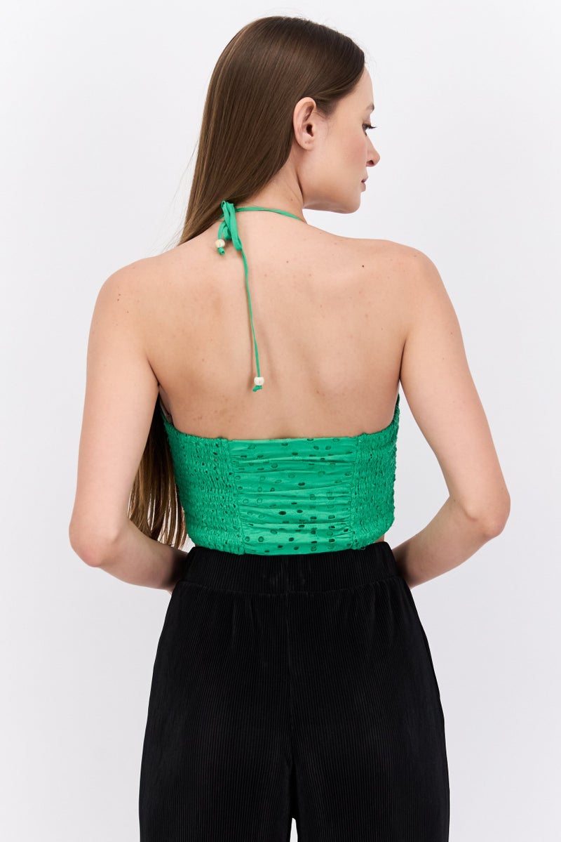 Reserved Women Halter Neck Sleeveless Eyelet Top, Green - Image 4