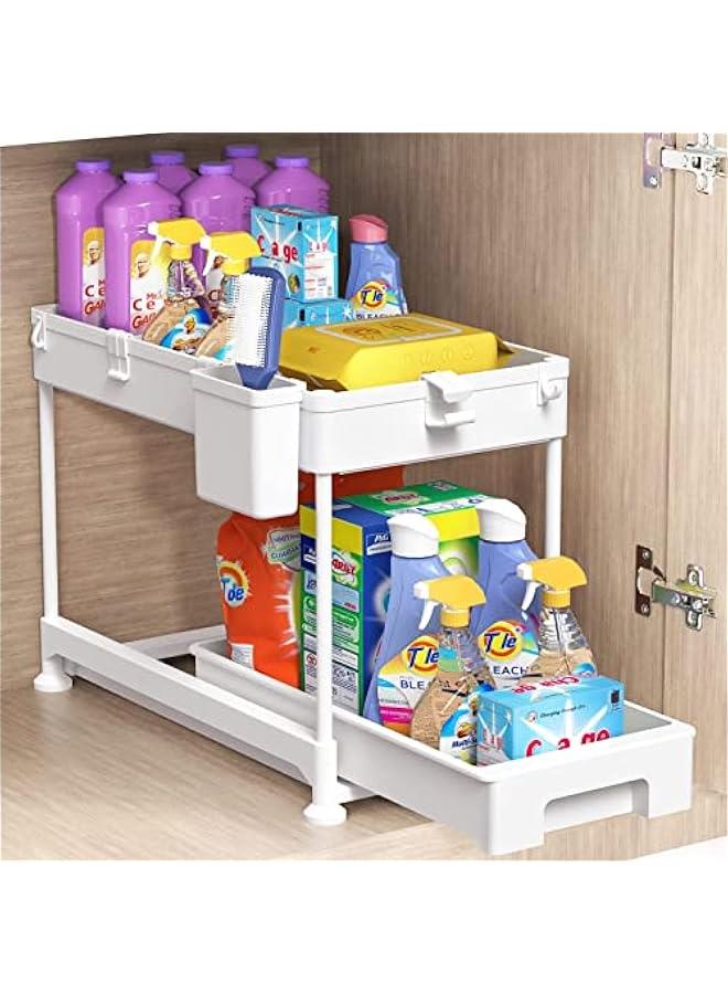 HOOKOR Under Sink Organizer, Sliding Cabinet Basket Organizer 2 Tier Under Bathroom Storage Rack with Hooks, Hanging Cup, Dividers, Multi-purpose Storage Shelf for Bathroom Kitchen (Whte) - Image 1