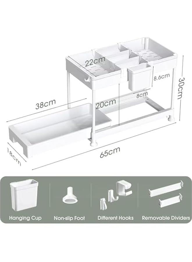 HOOKOR Under Sink Organizer, Sliding Cabinet Basket Organizer 2 Tier Under Bathroom Storage Rack with Hooks, Hanging Cup, Dividers, Multi-purpose Storage Shelf for Bathroom Kitchen (Whte) - Image 2