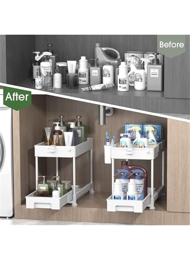 HOOKOR Under Sink Organizer, Sliding Cabinet Basket Organizer 2 Tier Under Bathroom Storage Rack with Hooks, Hanging Cup, Dividers, Multi-purpose Storage Shelf for Bathroom Kitchen (Whte) - Image 3