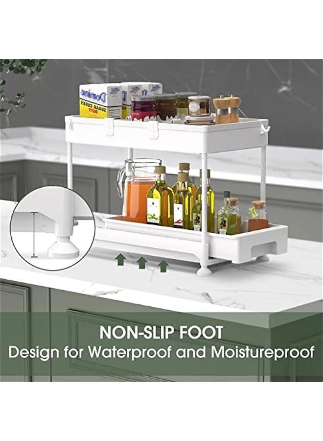 HOOKOR Under Sink Organizer, Sliding Cabinet Basket Organizer 2 Tier Under Bathroom Storage Rack with Hooks, Hanging Cup, Dividers, Multi-purpose Storage Shelf for Bathroom Kitchen (Whte) - Image 4