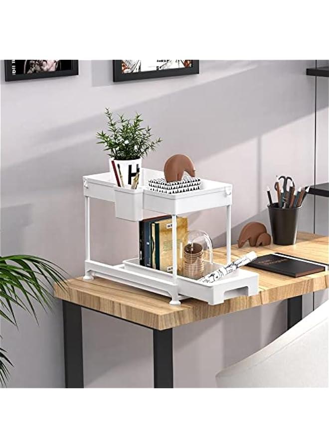 HOOKOR Under Sink Organizer, Sliding Cabinet Basket Organizer 2 Tier Under Bathroom Storage Rack with Hooks, Hanging Cup, Dividers, Multi-purpose Storage Shelf for Bathroom Kitchen (Whte) - Image 5