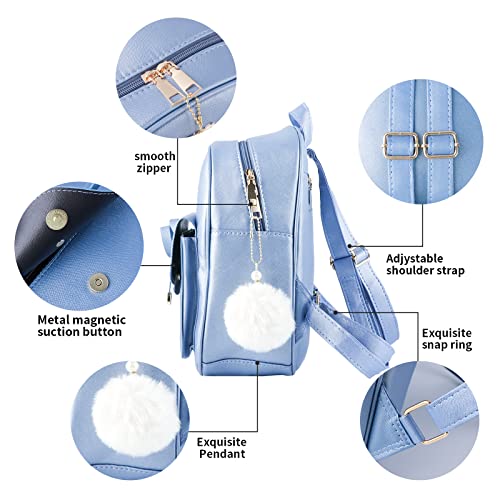 Aogist Mini Leather Backpack Purse 3-Pieces Fashion Bowknot Zipper Bags Cute Casual Travel Daypacks for Women (Blue) - Image 3