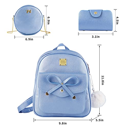Aogist Mini Leather Backpack Purse 3-Pieces Fashion Bowknot Zipper Bags Cute Casual Travel Daypacks for Women (Blue) - Image 2