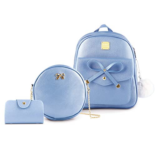 Aogist Mini Leather Backpack Purse 3-Pieces Fashion Bowknot Zipper Bags Cute Casual Travel Daypacks for Women (Blue) - Image 1