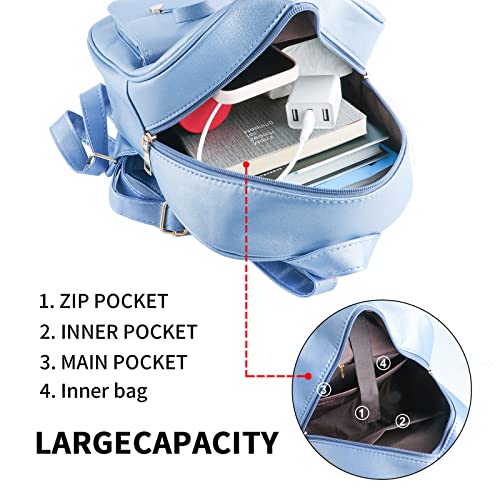 Aogist Mini Leather Backpack Purse 3-Pieces Fashion Bowknot Zipper Bags Cute Casual Travel Daypacks for Women (Blue) - Image 4
