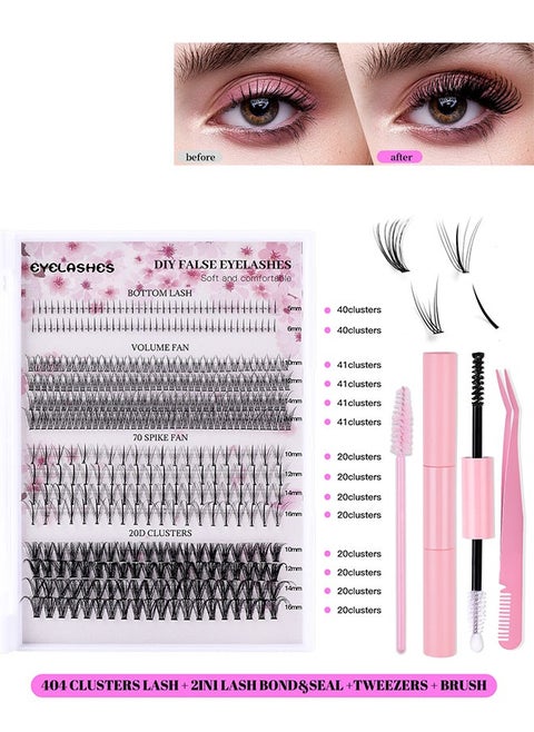 4 Styles DIY Eyelash Extension Kit, Segmented Corner Lashes 404 Lash Clusters, Mixed Eyelash Extension Lashes Cluster, Natural C Curl Eyelash Set, Brush Like Thick Eyelashes