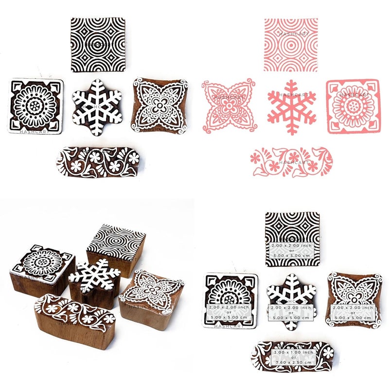 TWOGRAMS Square Shape Wooden Block Stamps- Wooden Blocks for Block Printing Stamp for Crafting on Fabric, Clay & Henna Tattoo, Wood Stamps for Saree | Set of 5 | - Image 5