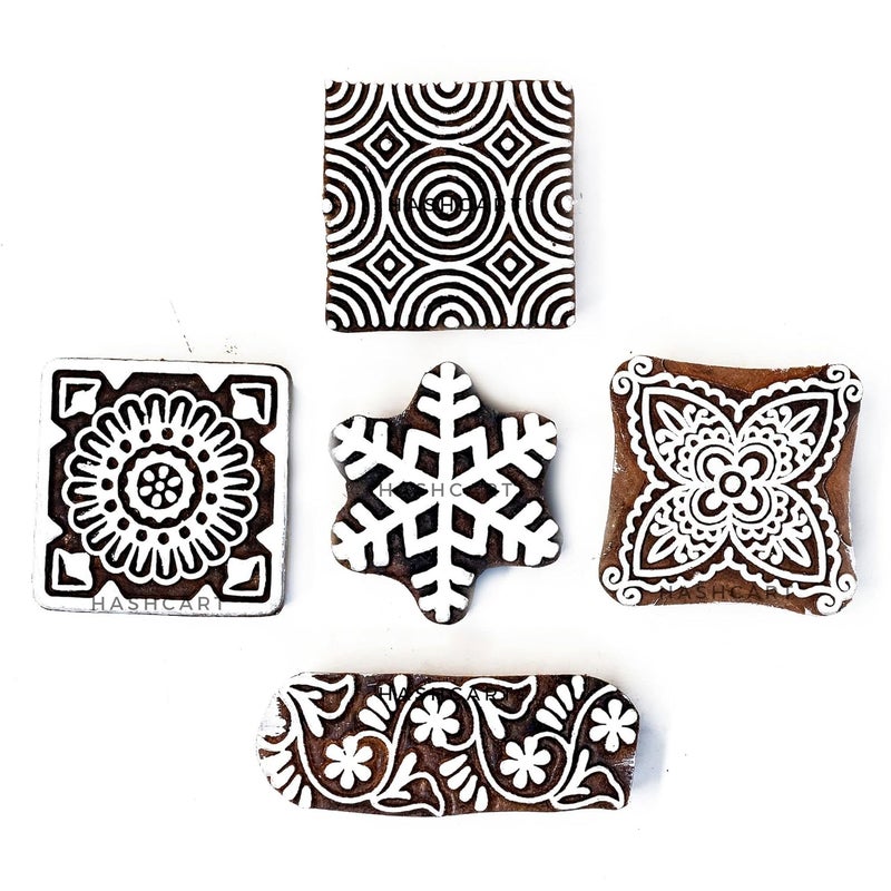 TWOGRAMS Square Shape Wooden Block Stamps- Wooden Blocks for Block Printing Stamp for Crafting on Fabric, Clay & Henna Tattoo, Wood Stamps for Saree | Set of 5 | - Image 1