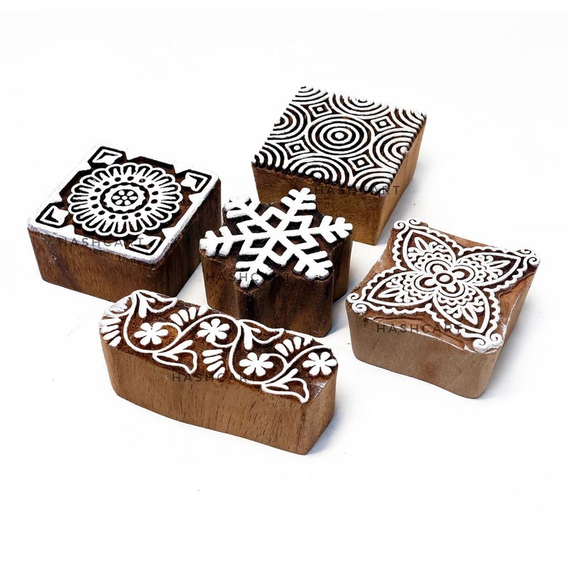 TWOGRAMS Square Shape Wooden Block Stamps- Wooden Blocks for Block Printing Stamp for Crafting on Fabric, Clay & Henna Tattoo, Wood Stamps for Saree | Set of 5 | - Image 2