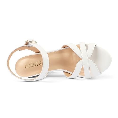 COLETER Women's Platform Chunky Heels Ankle Strap Block Heeled Sandals Party Wedding Shoes Matte White 9.5US - Image 5