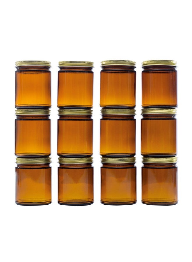 North Mountain Supply 9 Ounce Amber Glass Straight Sided Mason Canning Jars - with 70mm Gold Metal Lids - Case of 12 - Image 1