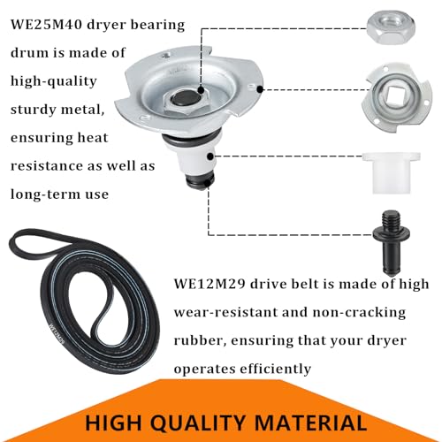 Cykemo WE25X205 WE25M40 Dryer Drum Bearing Replacemnt Kit Contains WE12M29 Drum Drive Belt WE1M333 Drum Bearing Slide - Compatible With GE Hotpoint Replaces AP2619300,784658,PS267529 - Image 3