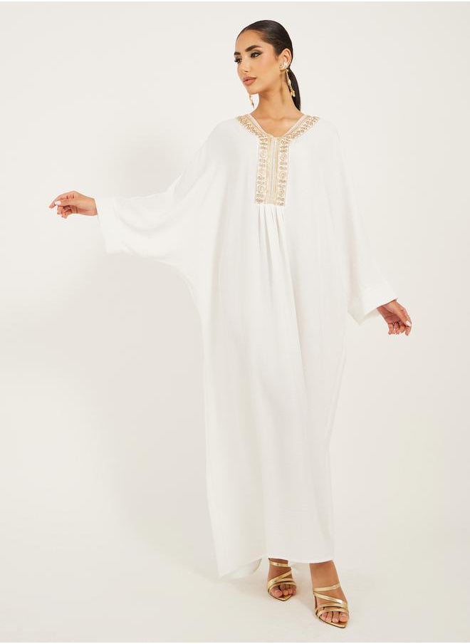 Styli Embroidered V-Neck Batwing Sleeve A-Line Jalabyia  - Image 2