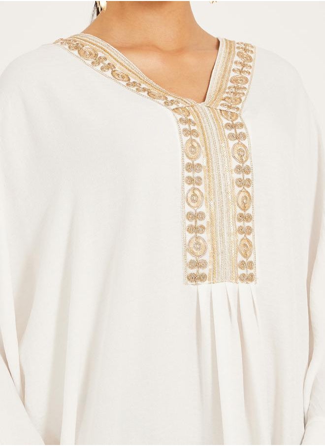 Styli Embroidered V-Neck Batwing Sleeve A-Line Jalabyia  - Image 4