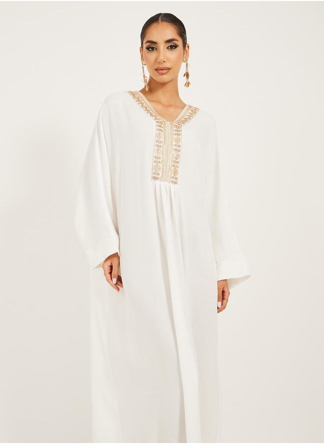 Styli Embroidered V-Neck Batwing Sleeve A-Line Jalabyia  - Image 3