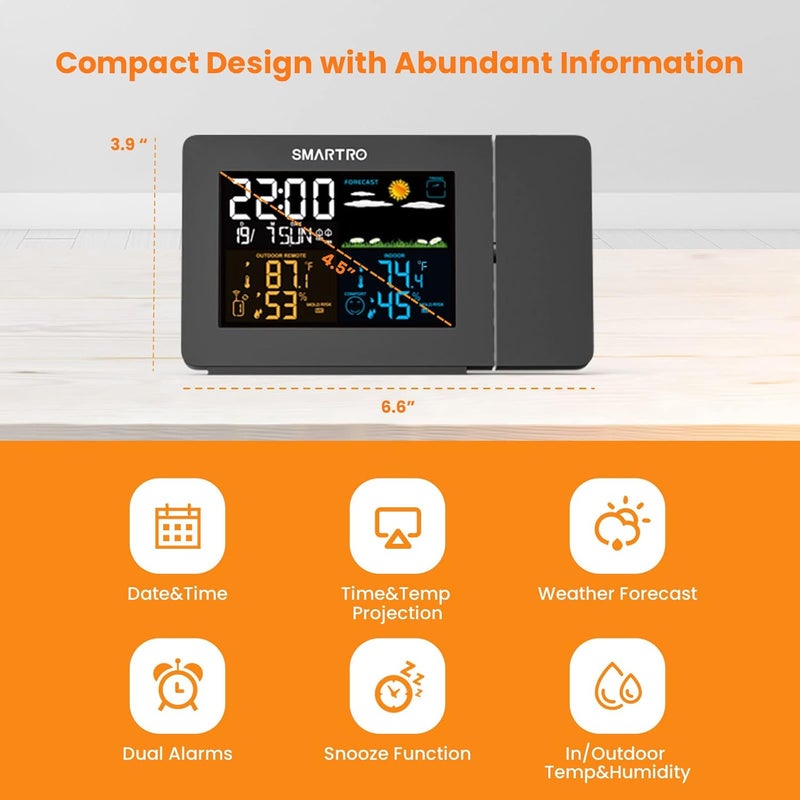 SMARTRO SC91 Projection Alarm Clock for Bedrooms with Weather Station, Wireless Indoor Outdoor Thermometer, Temperature Humidity Monitor Gauge Hygrometer - Image 2