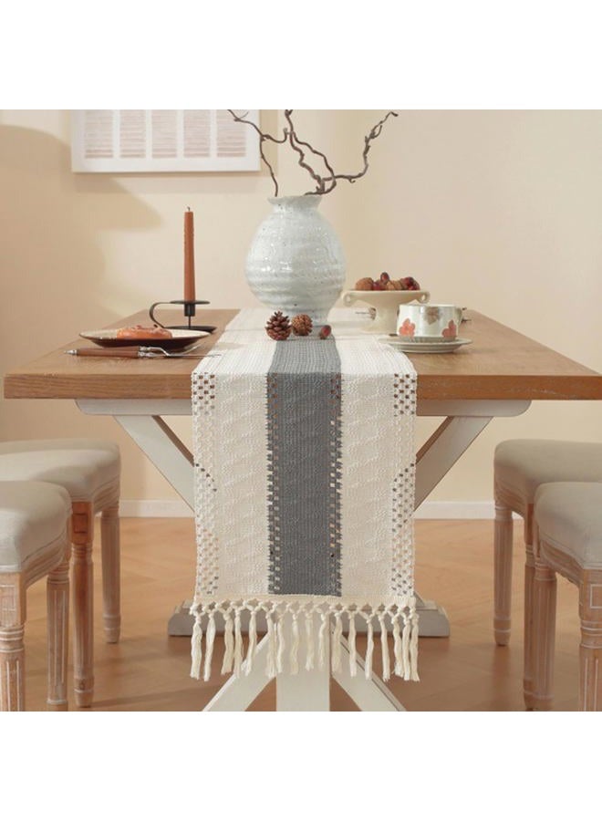 Niviy Grey Table Runner 72 Inches Long with Tassels, Seasonal Spring Summer Washable Embroidered Striped Braided Grey and Beige Boho Table Runners for Holiday Party 12 x 72 Inches - Image 5