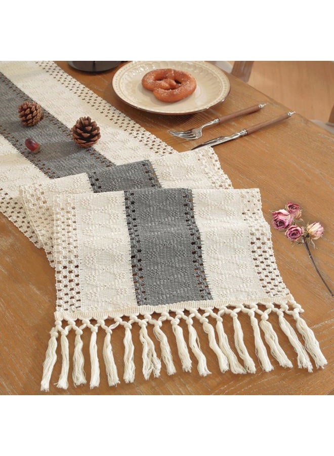 Niviy Grey Table Runner 72 Inches Long with Tassels, Seasonal Spring Summer Washable Embroidered Striped Braided Grey and Beige Boho Table Runners for Holiday Party 12 x 72 Inches - Image 1