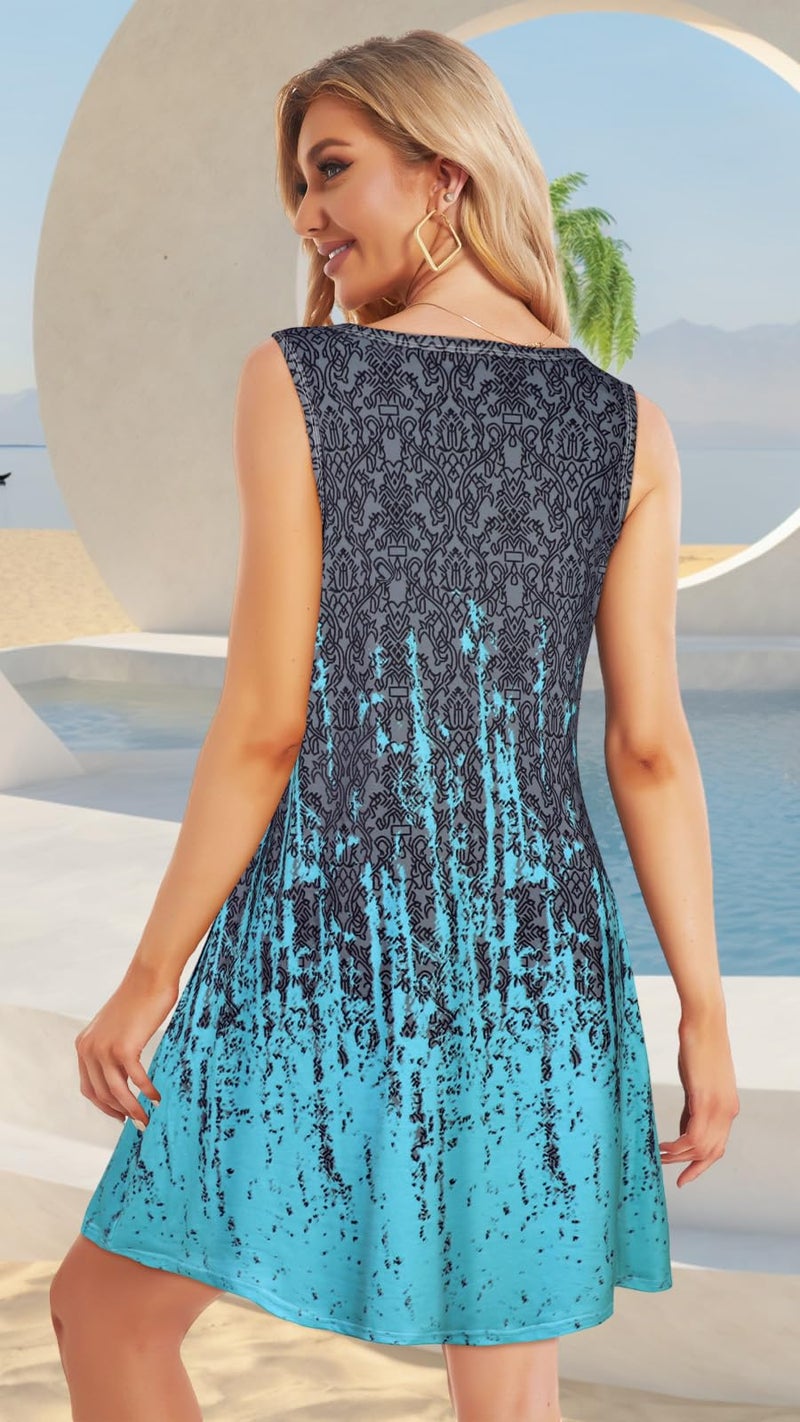 elescat Summer Dresses for Women Casual Sleeveless Beach Tshirt Fall Sundresses with Pockets(Grey Blue Boho,L) - Image 5