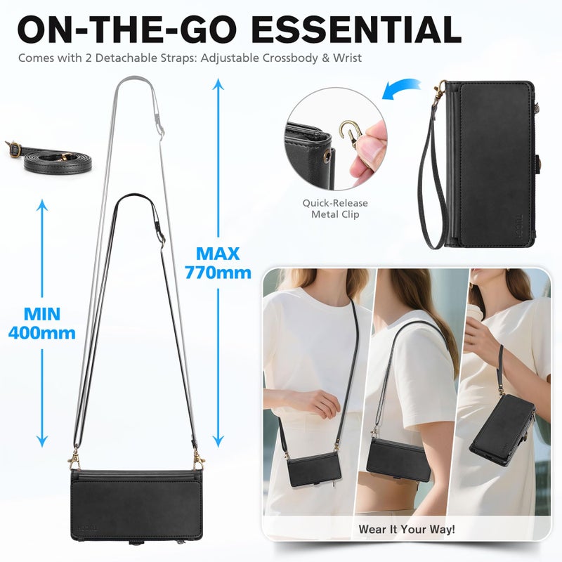TUCCH Crossbody Detachable Wallet Case for iPhone 17 Pro Max 6.9" 2025, 10 Card Slots RFID Blocking | Wireless Charging | Wrist Strap | Lanyard | Stand | Zipper Pocket | PU Leather Phone Cover | Black - Image 5