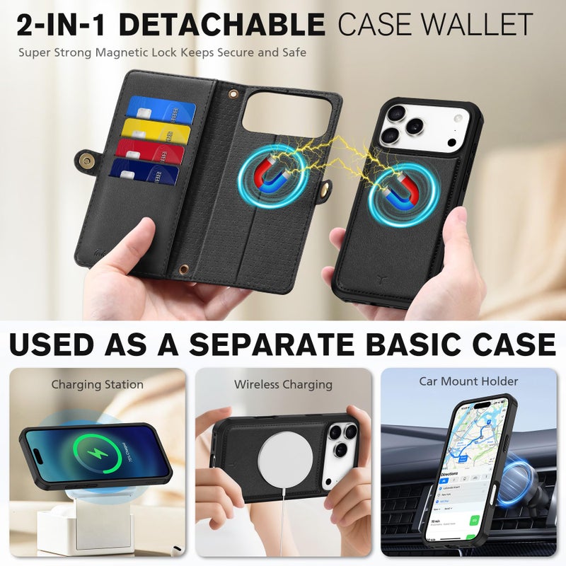 TUCCH Crossbody Detachable Wallet Case for iPhone 17 Pro Max 6.9" 2025, 10 Card Slots RFID Blocking | Wireless Charging | Wrist Strap | Lanyard | Stand | Zipper Pocket | PU Leather Phone Cover | Black - Image 4
