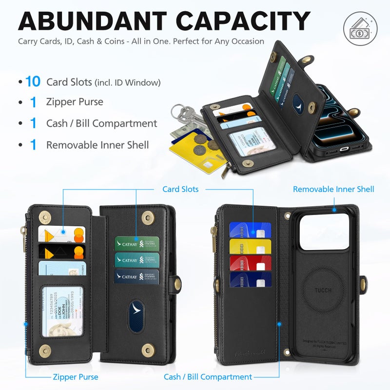 TUCCH Crossbody Detachable Wallet Case for iPhone 17 Pro Max 6.9" 2025, 10 Card Slots RFID Blocking | Wireless Charging | Wrist Strap | Lanyard | Stand | Zipper Pocket | PU Leather Phone Cover | Black - Image 3