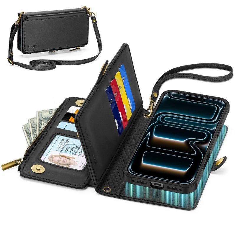 TUCCH Crossbody Detachable Wallet Case for iPhone 17 Pro Max 6.9" 2025, 10 Card Slots RFID Blocking | Wireless Charging | Wrist Strap | Lanyard | Stand | Zipper Pocket | PU Leather Phone Cover | Black - Image 1